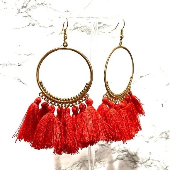 New Boho Red & Gold Tone Hoop Tassel Earrings - Picture 3 of 5